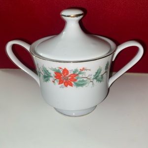 Vintage Christmas Sugar Bowl With Lid Porcelain Poinsettia & Holly TRISA 1693